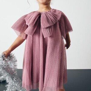 Next Girls Pink Glitter Bow Party Dress Size  4-T 4-5Y Pleated Special Occasion